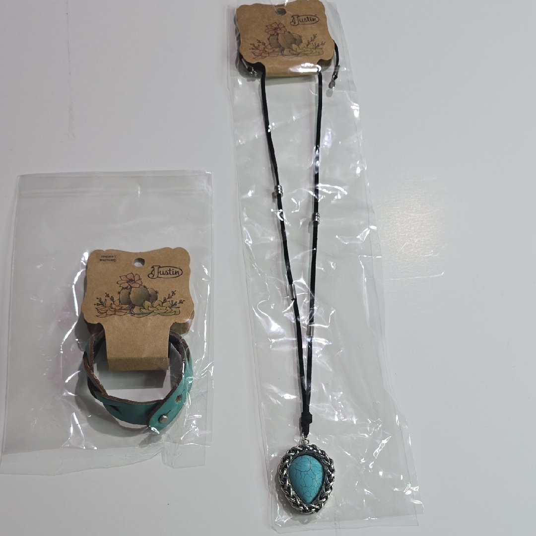 Nwt Justin Turquiose Teardrop Necklace And Genuine Leather Braclet 48$